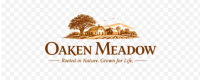 Oaken Meadow logo featuring a rustic farmhouse, oak tree, and the tagline "Rooted in Nature. Grown for Life.