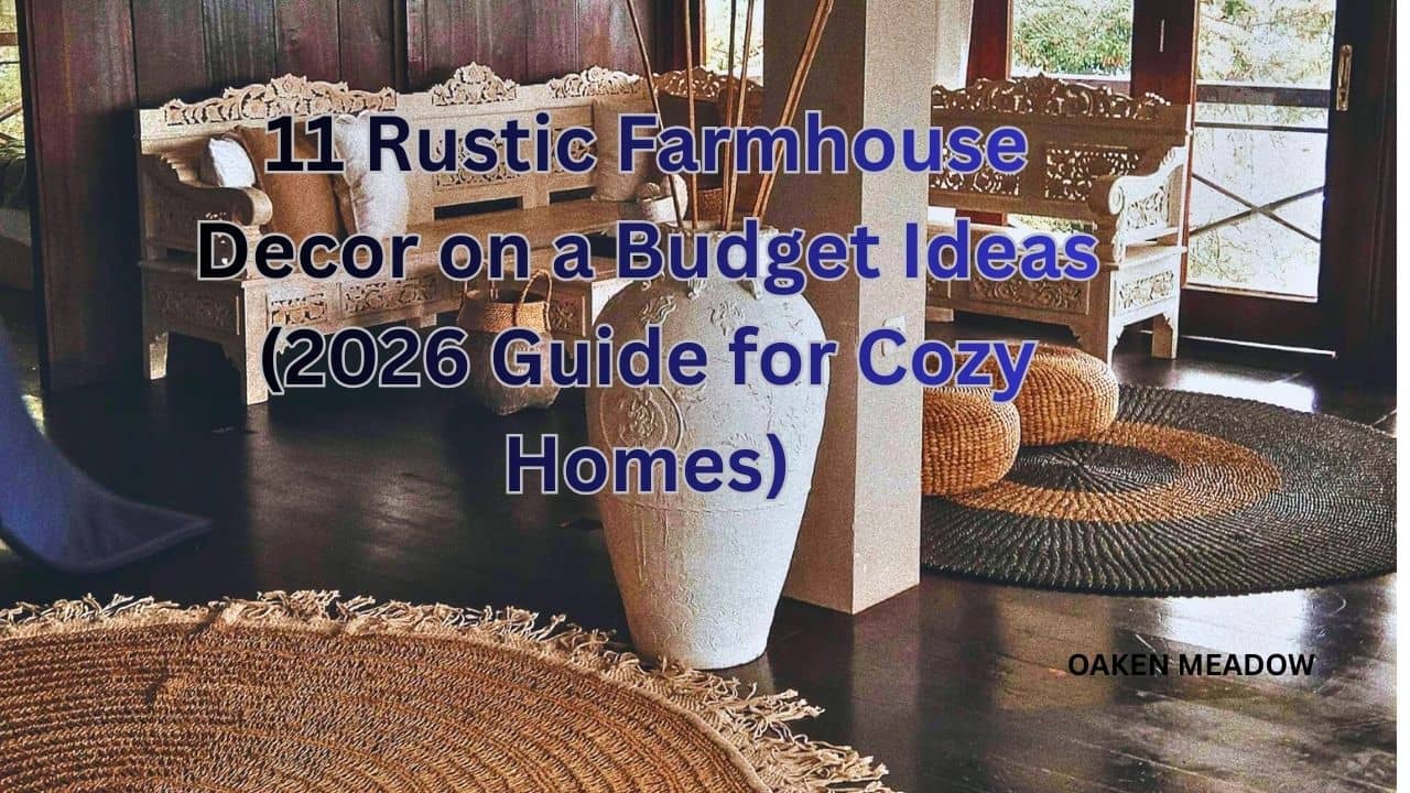 A cozy living room showing how to achieve rustic farmhouse decor on a budget with wooden furniture and white textiles.