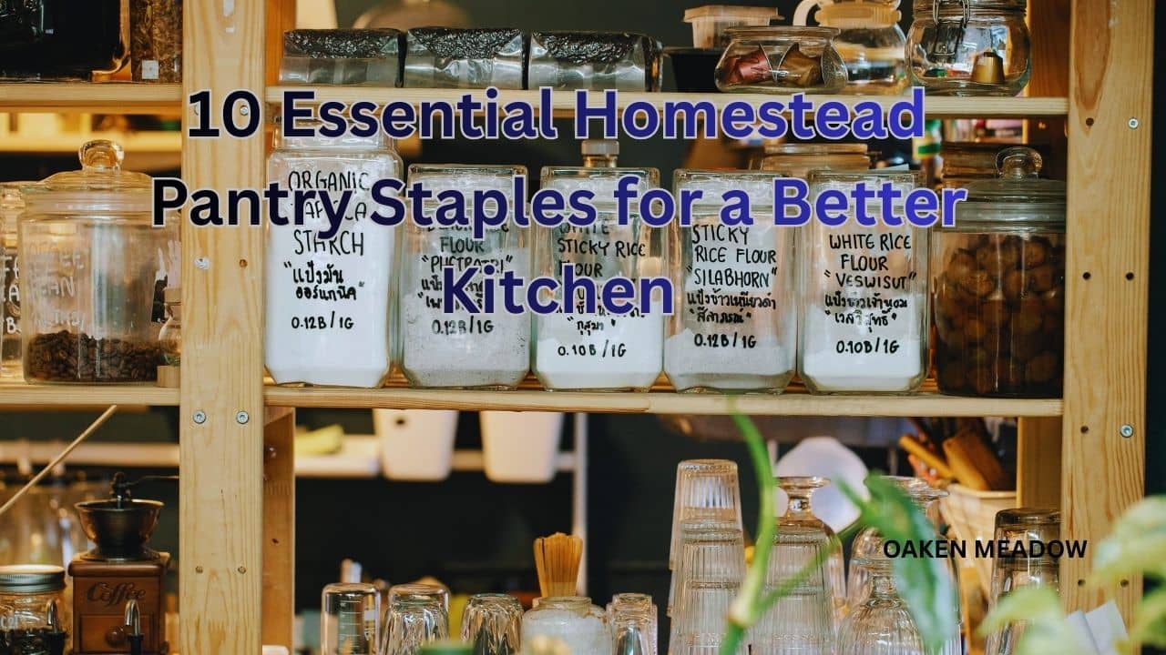 A well-organized wooden shelf featuring essential homestead pantry staples in glass jars.