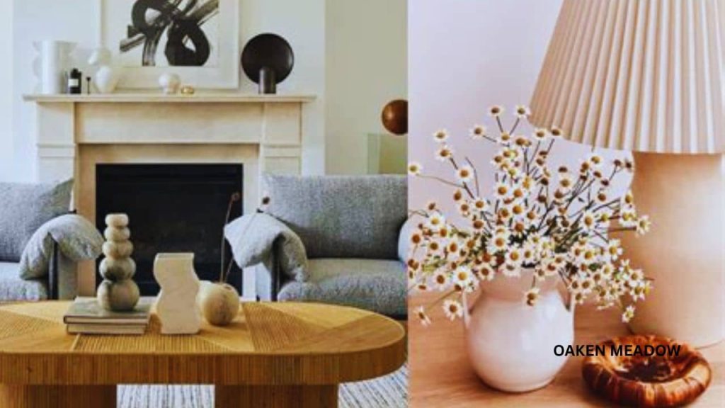 Large architectural tree branches placed in a rustic ceramic vase on a side table in a modern living room.