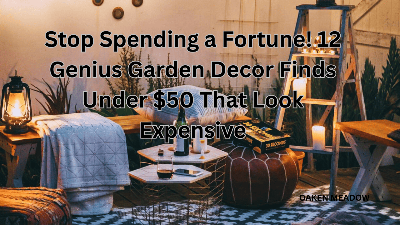 A high-end luxury garden retreat with warm solar lighting and modern decor, illustrating garden decor finds under $50.