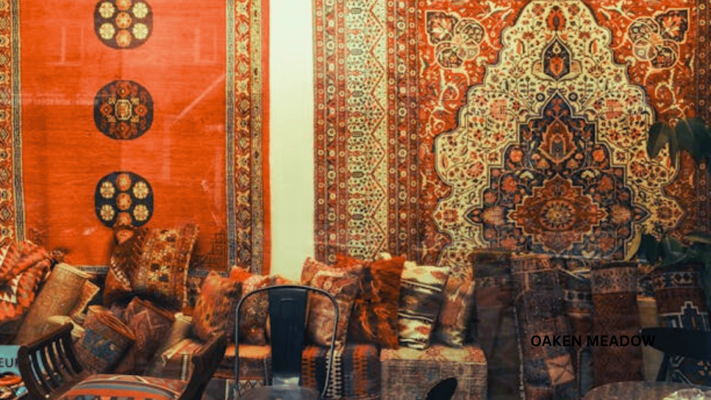 Minimalist bedroom with a large hand-woven textile wall art hanging above the bed.